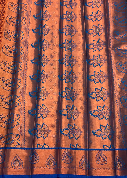 Vegan Silk Saree Maroon Colour with Copper and Blue Border