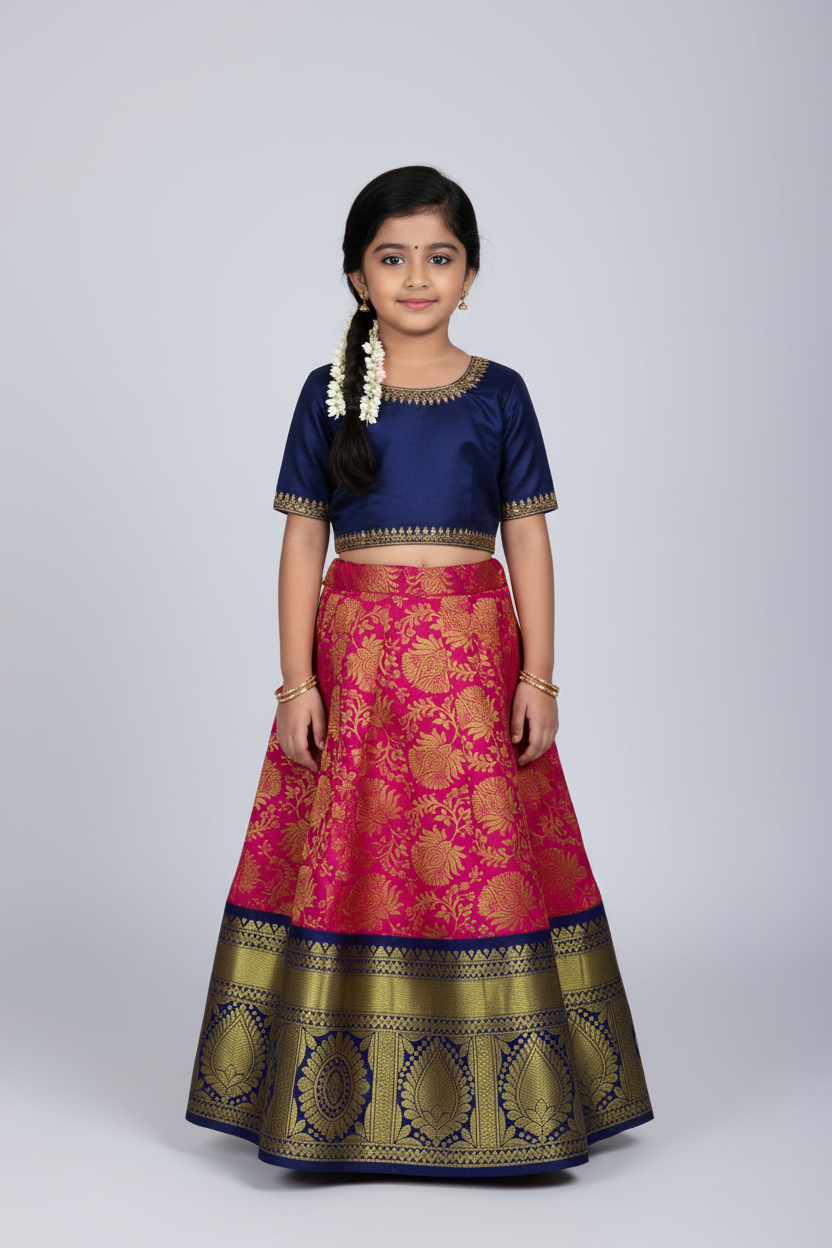 Pink shade Vegan Silk Kids Pattu Pavadai with Contrast border for age 5 to 10
