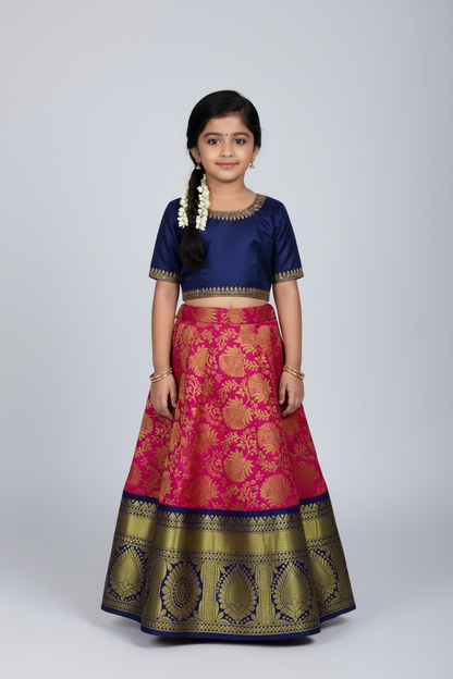 Pink shade Vegan Silk Kids Pattu Pavadai with Contrast border for age 5 to 10