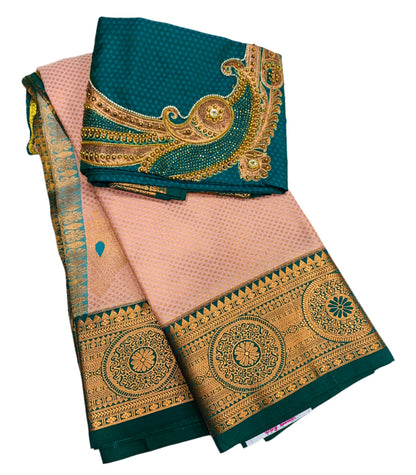Bridal Vegan Silk Saree Sandal Colour with Sapphire Border with Unstitched blouse in Aari work