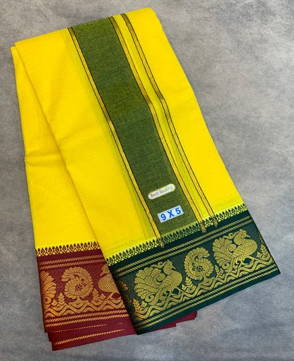 9X5 Cotton Dhoti Yellow Green and Maroon Zari Border with Angavastram
