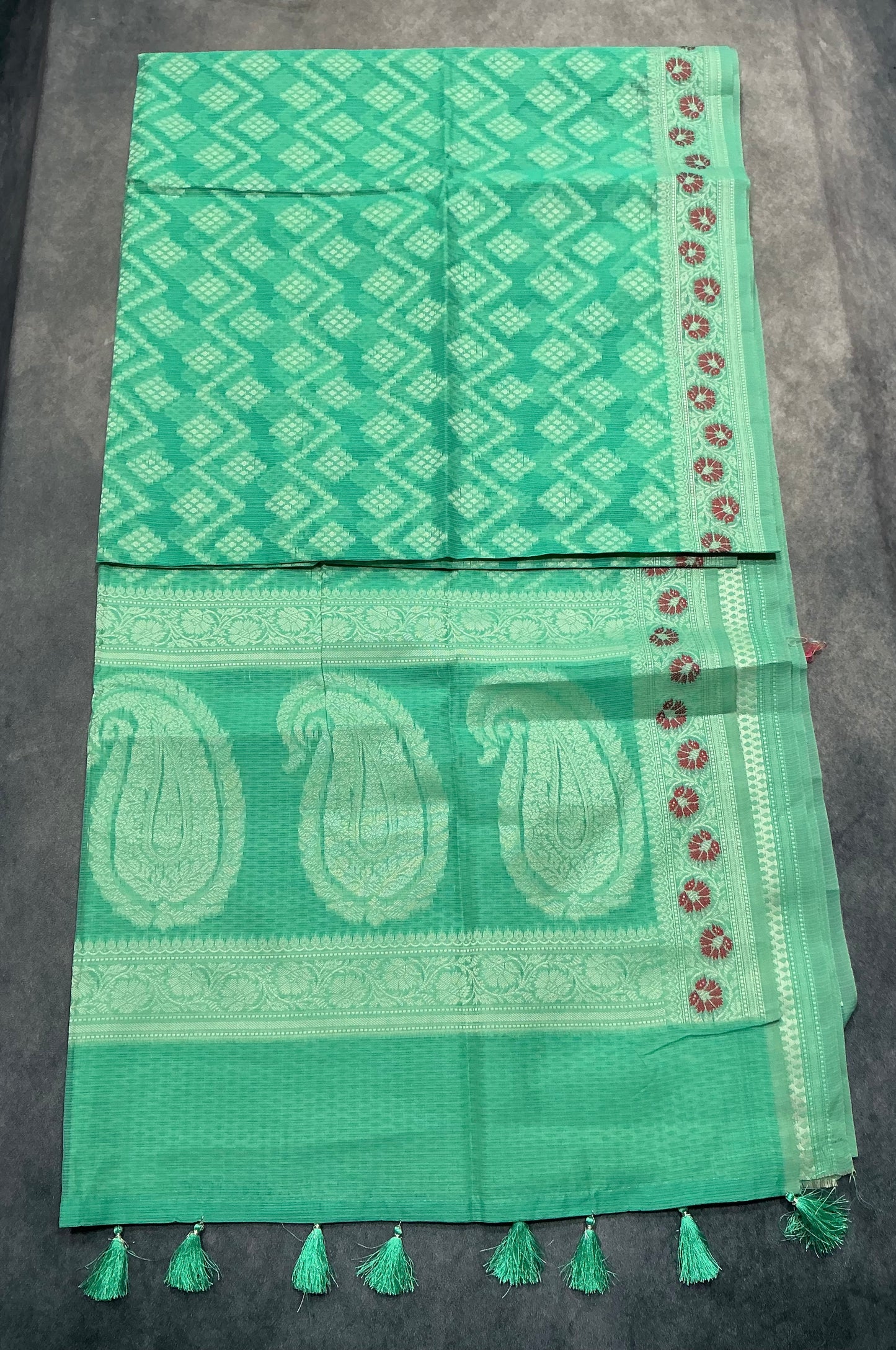 Chettinad Cotton Saree Mint Green Colour with Red Floral Motifs Sliver Zari Base Border