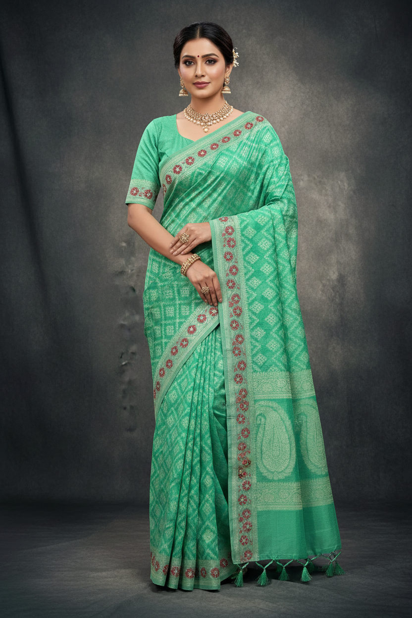 Chettinad Cotton Saree Mint Green Colour with Red Floral Motifs Sliver Zari Base Border