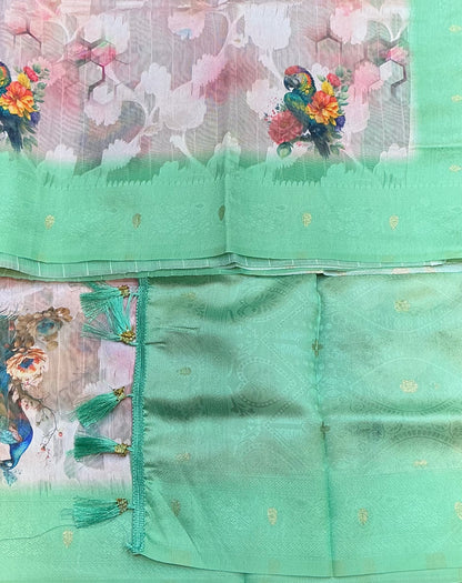 Digital Print Cotton Saree Sapphire Colour with Floral and Birds Pattern