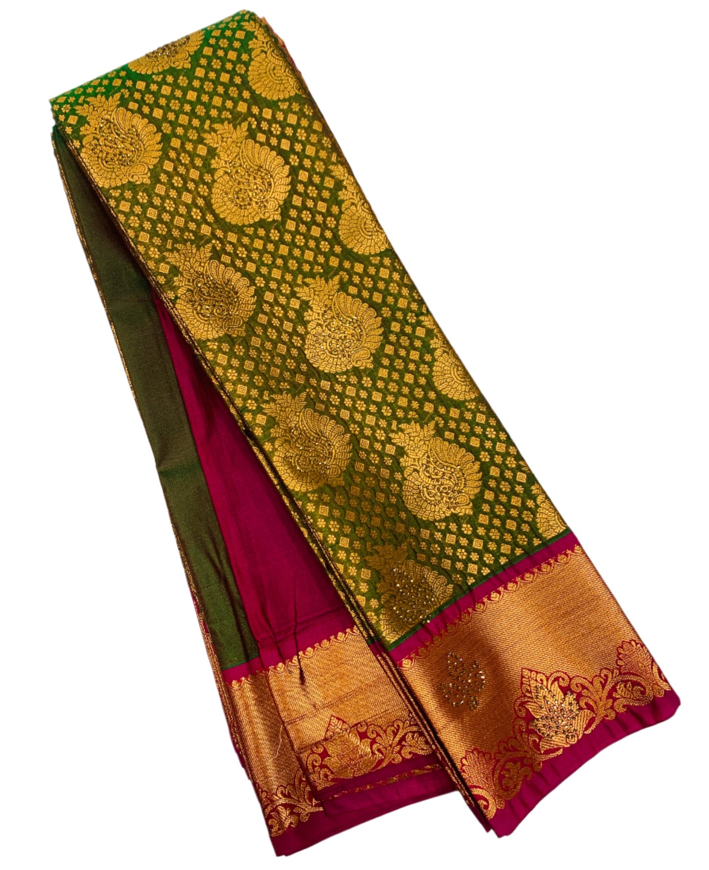 Vegan Silk Saree Olive Green Colour with Copper and Pink Border