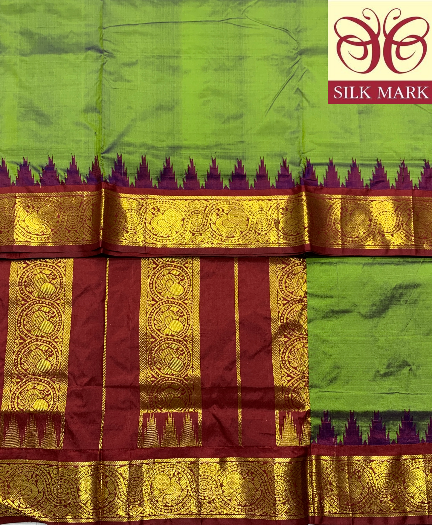 9 yards Pure Kanchipuram Silk Saree Olive Green Colour with Maroon and Gopuram Design Border