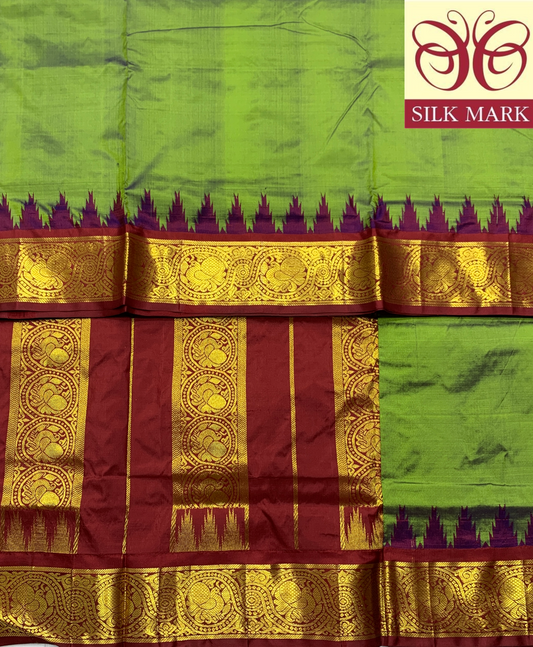9 yards Pure Kanchipuram Silk Saree Olive Green Colour with Maroon and Gopuram Design Border