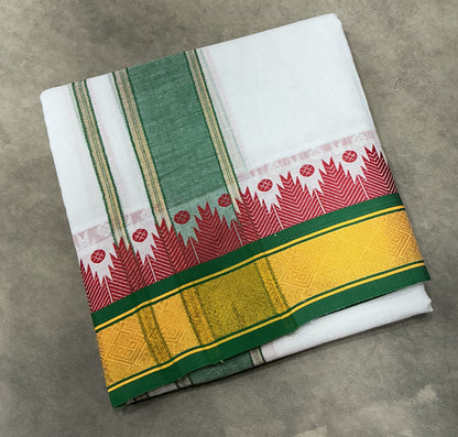 9X5 Cotton Dhoti White Colour with Green and Yellow Border with Angavastram