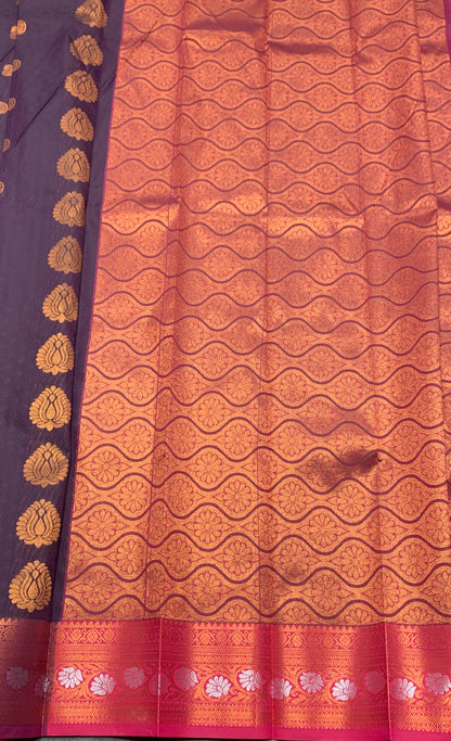 Vegan Silk Saree Dark Magenta Colour Saree with Copper Border