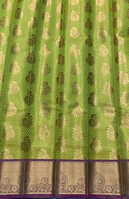 Vegan Silk Saree Lime Green Colour with Pink and Copper Border