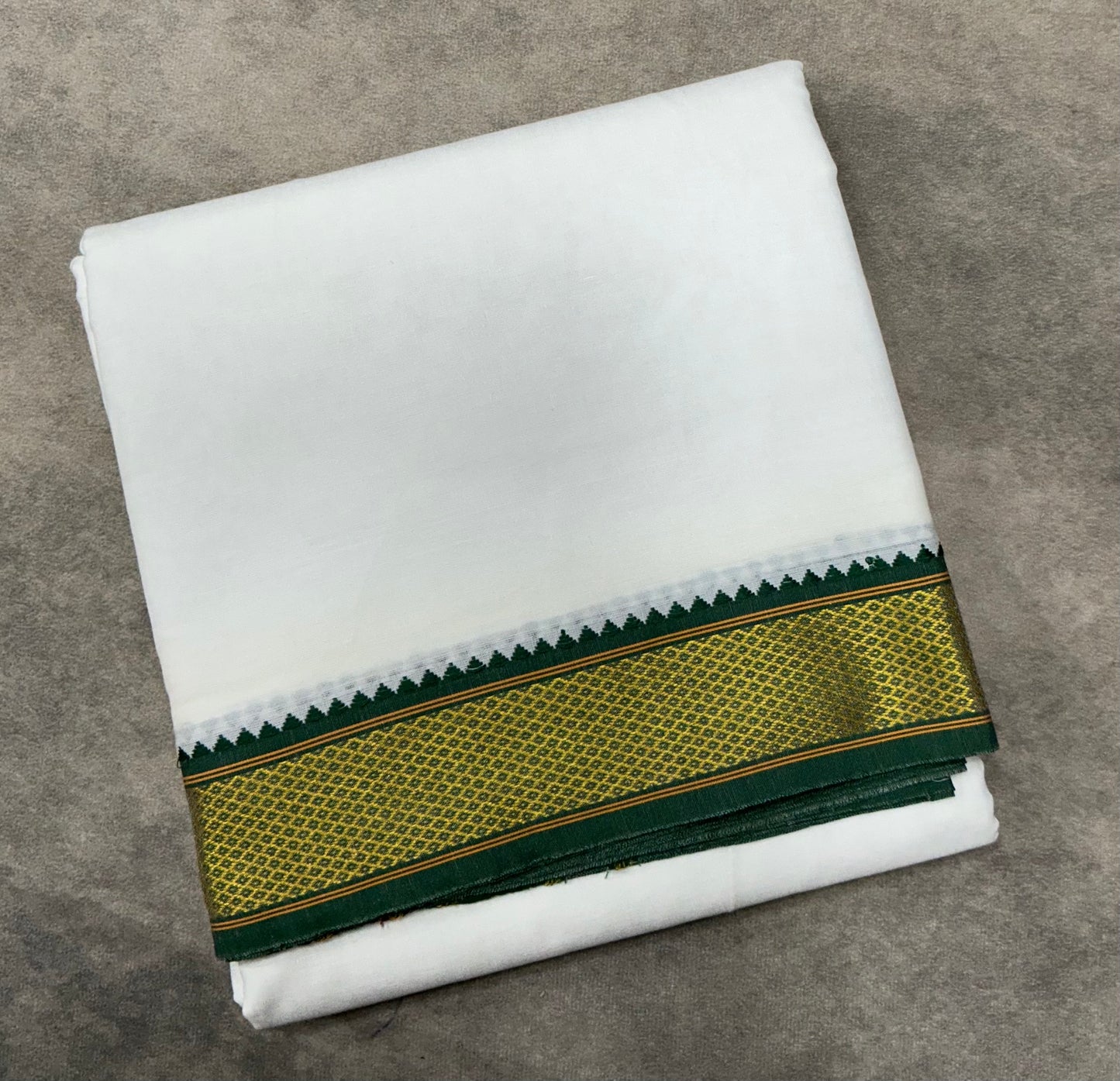 9X5 Cotton Dhoti White Colour with Green and Maroon Zari Border with Angavastram