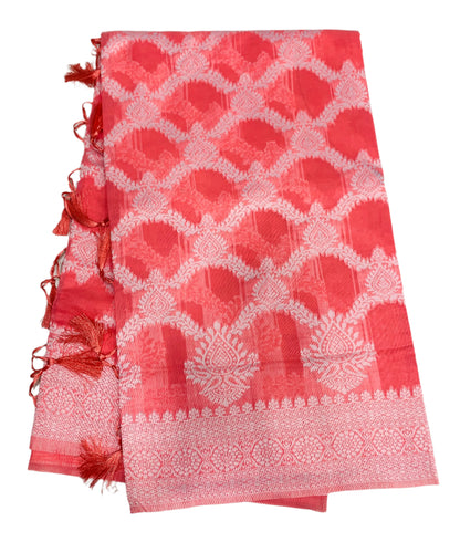 Banaras Katan Saree Tomato Colour with Katan Work Border