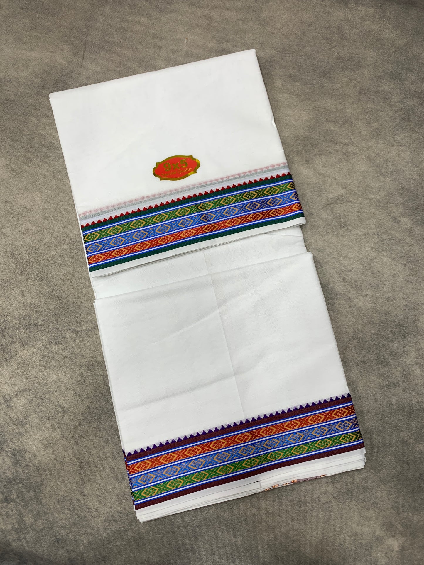 9X5 Cotton Dhoti White Colour with Blue and Green, Red Border with Angavastarm