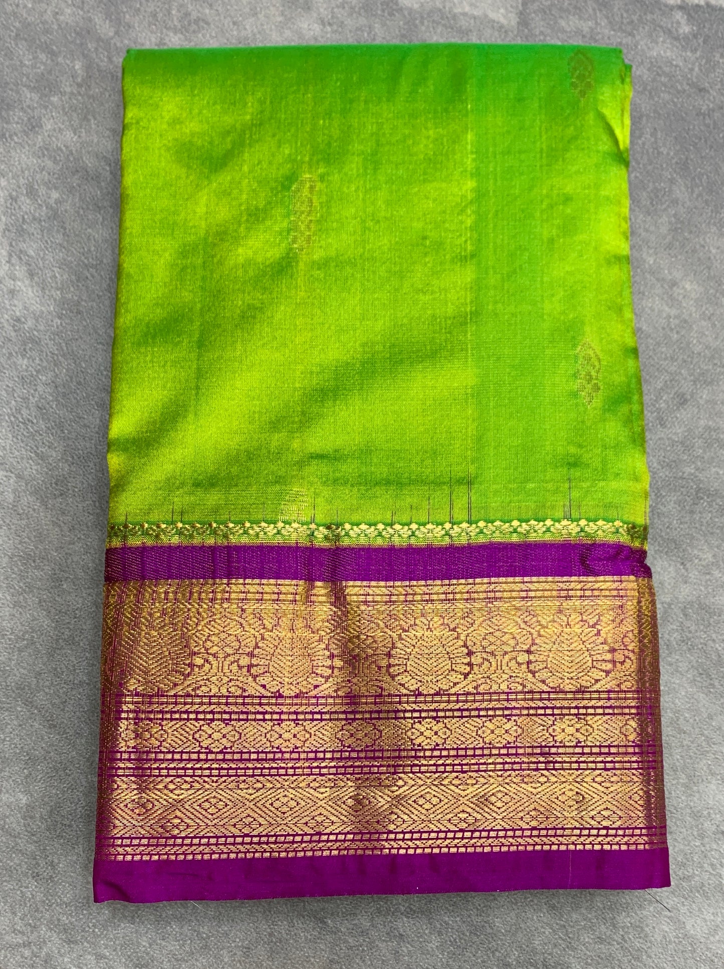 Pure Kanchipuram Silk Parrot Green Colour with Magenta Border