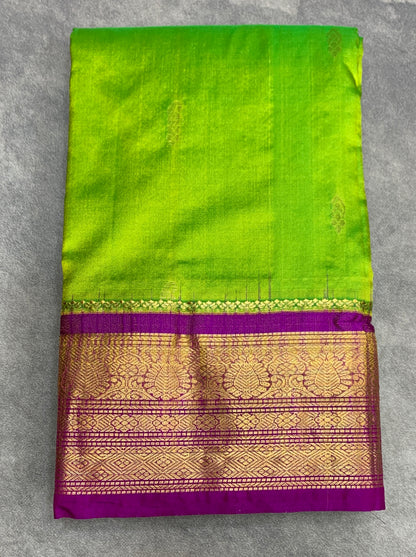 Pure Kanchipuram Silk Parrot Green Colour with Magenta Border