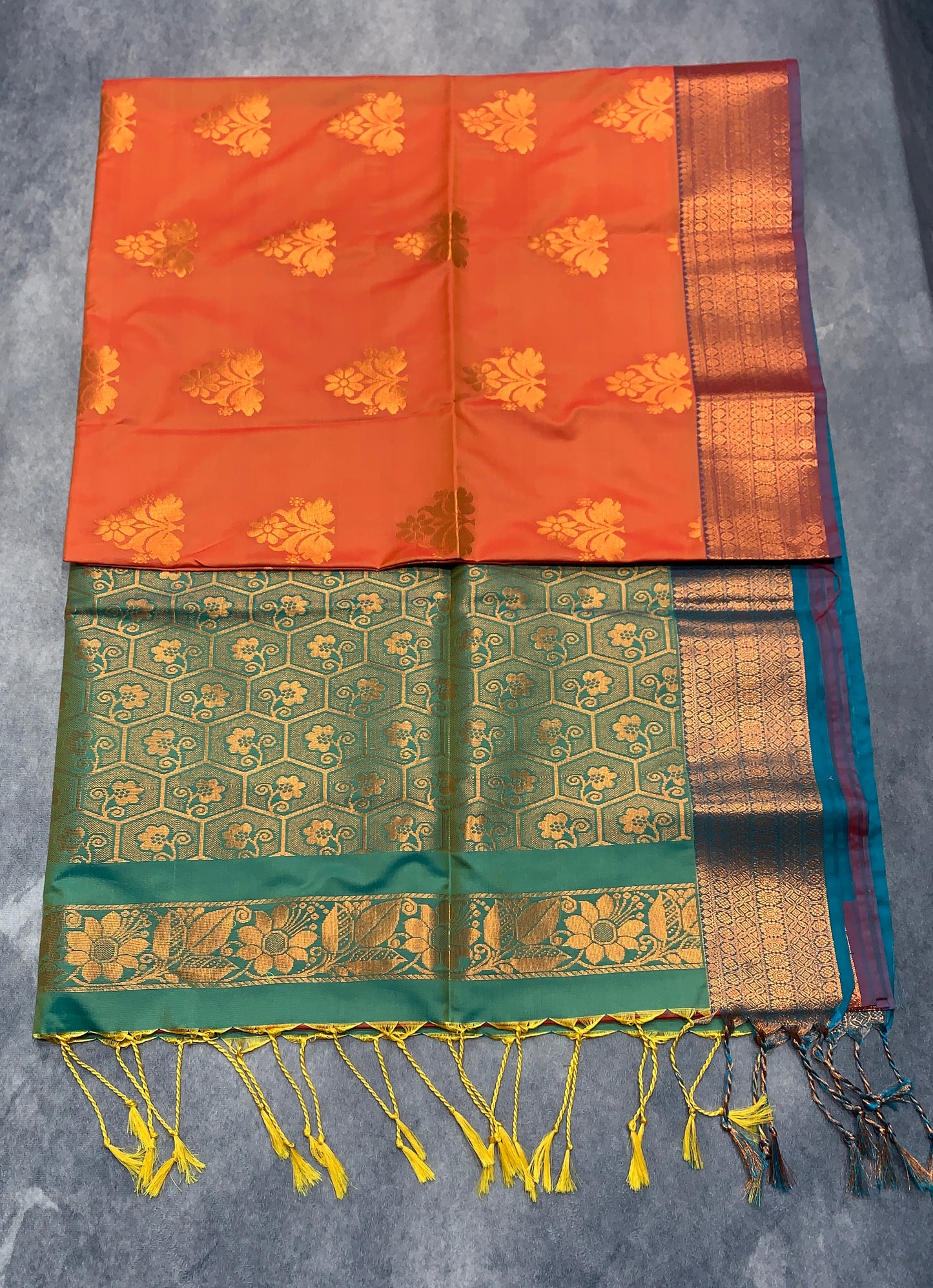 Soft Vegan Silk Saree Orange Colour with Light Green and Copper Border