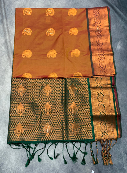 Soft Vegan Silk Saree Brown Colour with Green and Copper Border