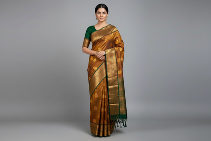 Soft Vegan Silk Saree Brown Colour with Green and Copper Border
