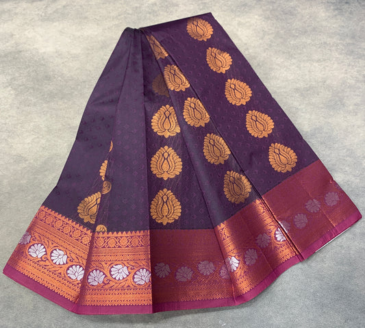 Vegan Silk Saree Dark Magenta Colour Saree with Copper Border