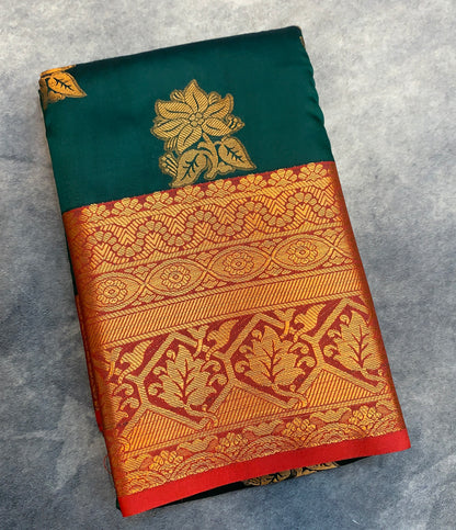 Soft Silk Casual Saree Green Colour with Red and Golden Colour Border