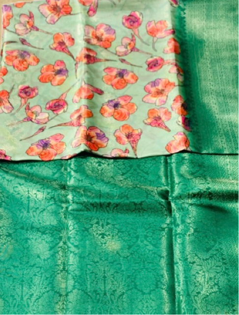 Digital Print Silk Saree Green Colour