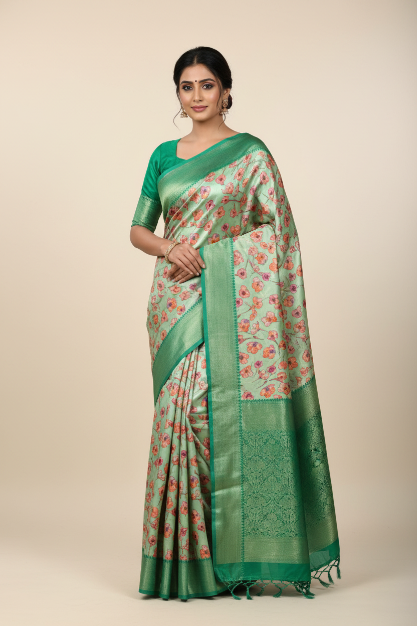 Digital Print Silk Saree Green Colour