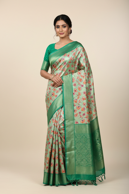 Digital Print Silk Saree Green Colour