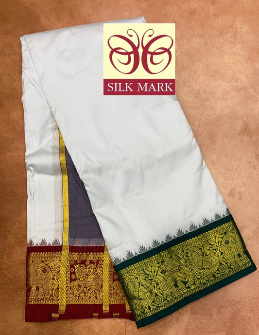 9X5 Pure Silk Dhoti White Colour with Green and Maroon Ganga Jamuna Border