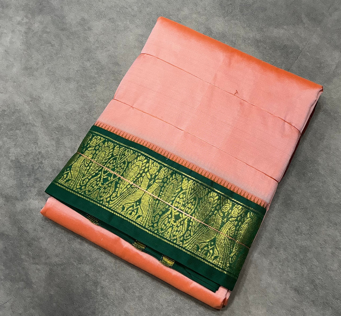 9X5 Pure Silk Dhoti Peach Colour with Green and Maroon Ganga Jamuna Border