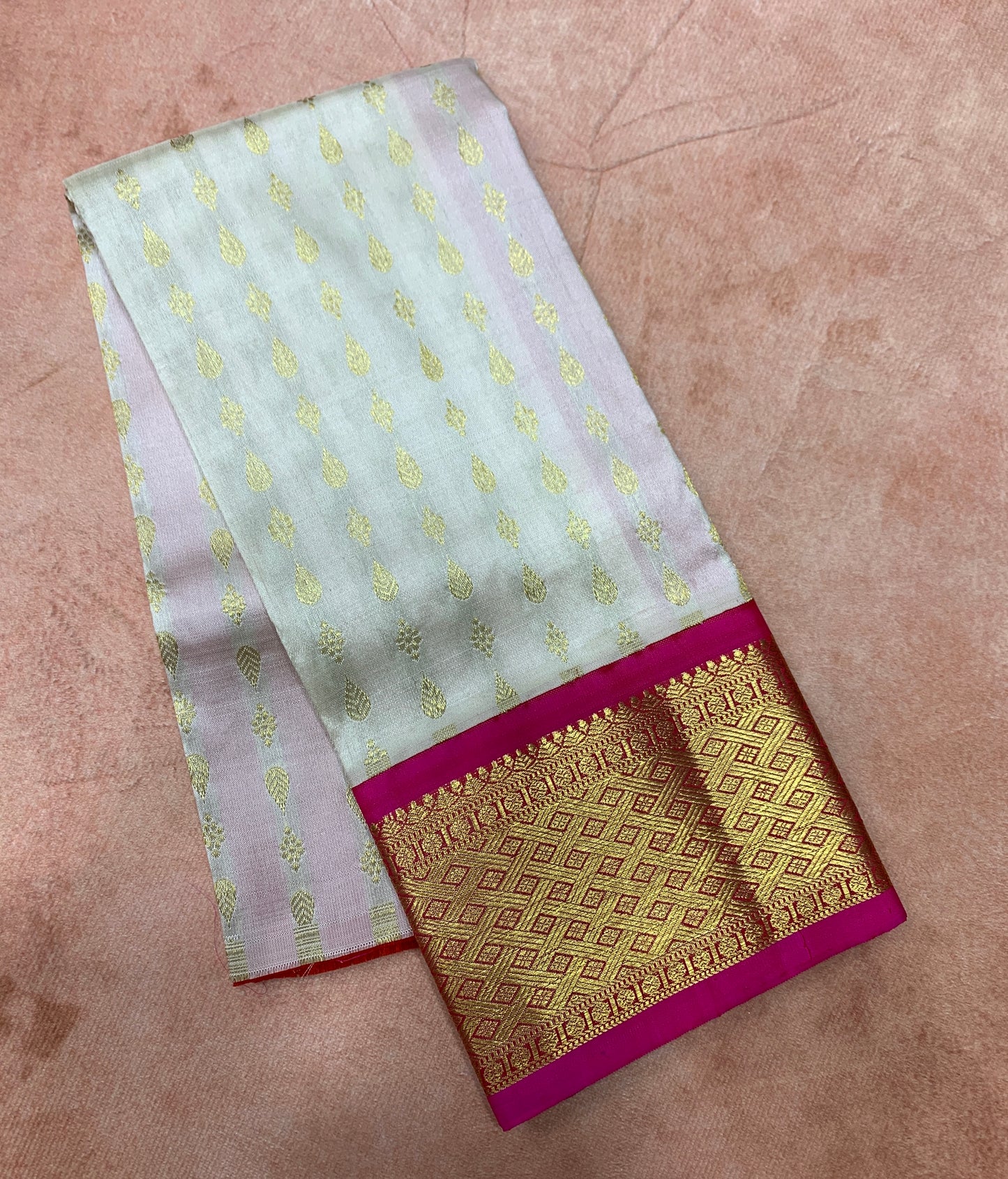 White Shade Pure kanchipuram Kids Pattu Pavadai with Contrast border for Newborn to 2 Years