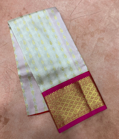 White Shade Pure kanchipuram Kids Pattu Pavadai with Contrast border for Newborn to 2 Years