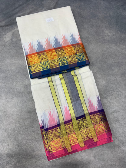 9X5 Korvai Cotton Dhoti Half White Colour with Orange and Blue Border