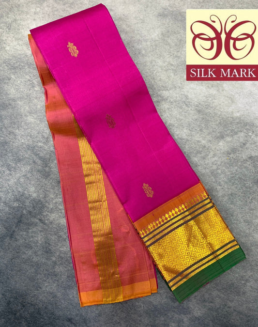 Pure Kanchipuram Silk Saree Pink Colour with Green and Gold Zari Border