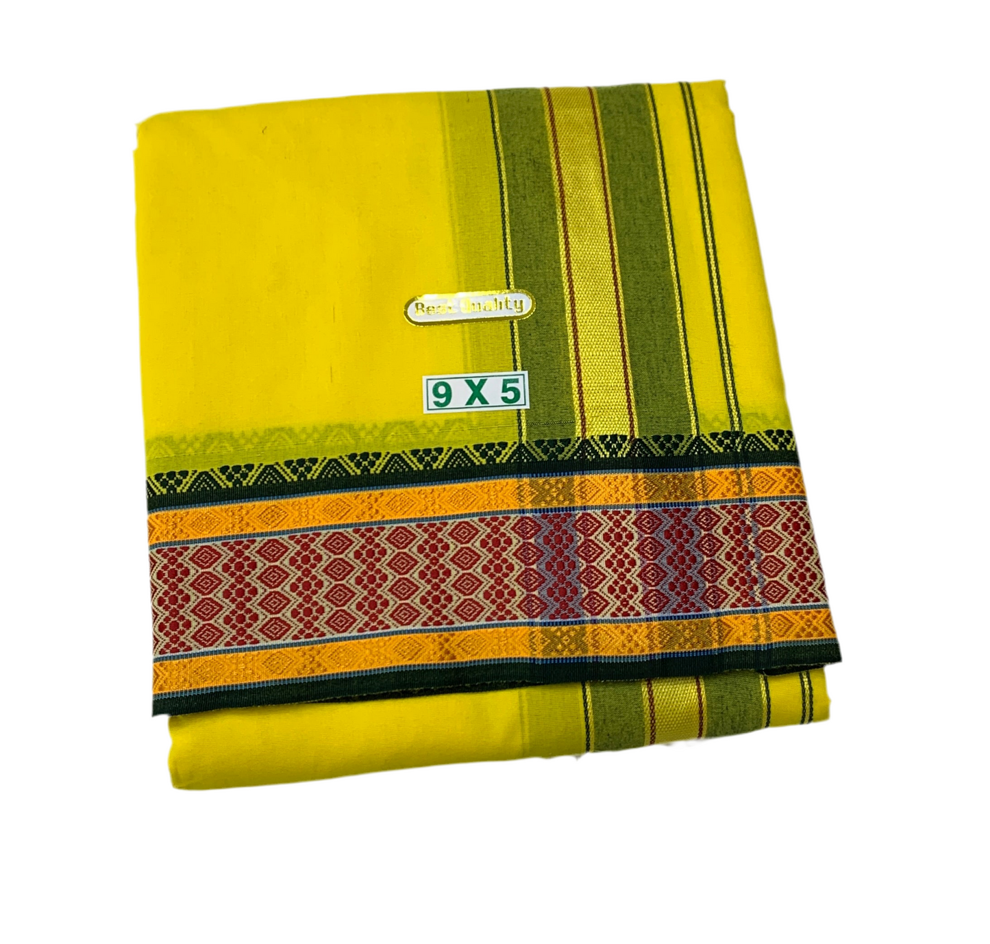 9X5 Cotton Dhoti Yellow Maroon and Rama Green Border with Angavastram