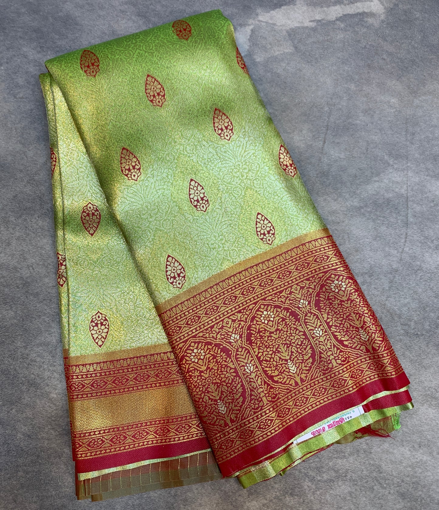 Fancy Tissue Saree Golden Apple Green Colour with Pink Border