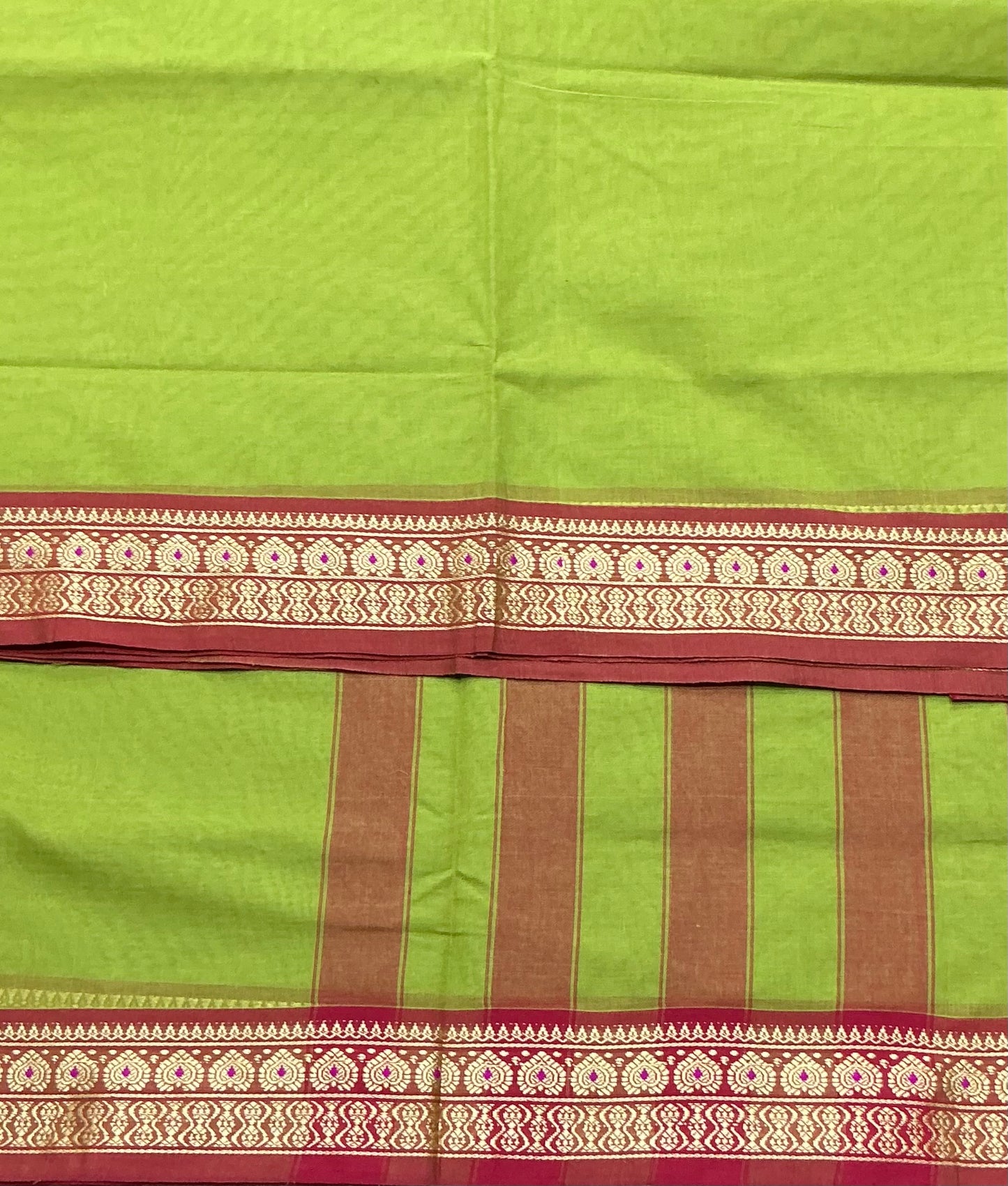 Chettinad Cotton Saree Lime Green Colour with Maroon Colour with Thread Work Border