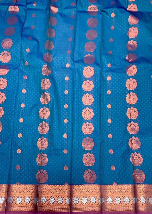 Vegan Silk Saree Blue Colour with Copper Border