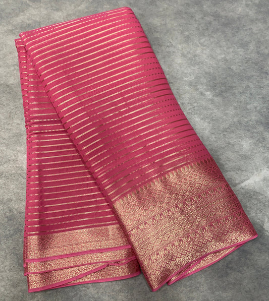 Georgette Saree Light Pink Colour with Sliver Floral Design Border