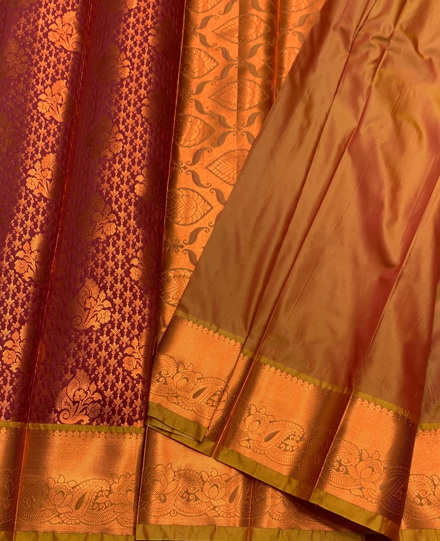 Vegan Silk Saree Maroon Colour with Golden Yellow and Copper Border
