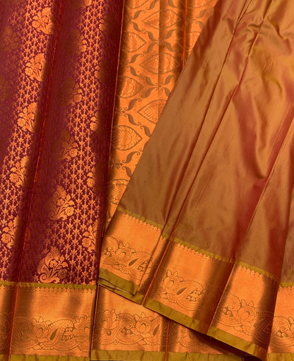 Vegan Silk Saree Maroon Colour with Golden Yellow and Copper Border