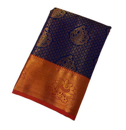 Vegan Silk Saree Navy Blue Colour with Copper Zari Border