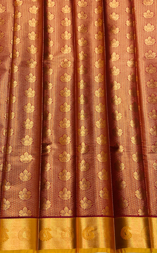 Vegan Silk Saree Maroon Colour with Golden and Golden Yellow Border