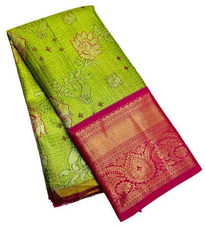 Parrot Green Shade Vegan Silk Kids Pattu Pavadai with Contrast border for age 2 to 5