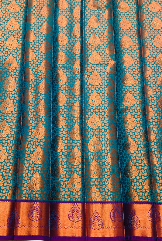 Vegan Silk Saree Sapphire Colour with Copper and Purple Border