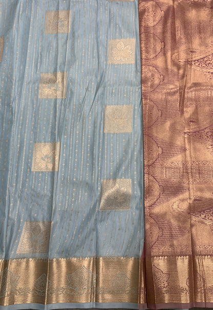 Soft Silk Casual Saree Ice Blue with Sliver Zari Border