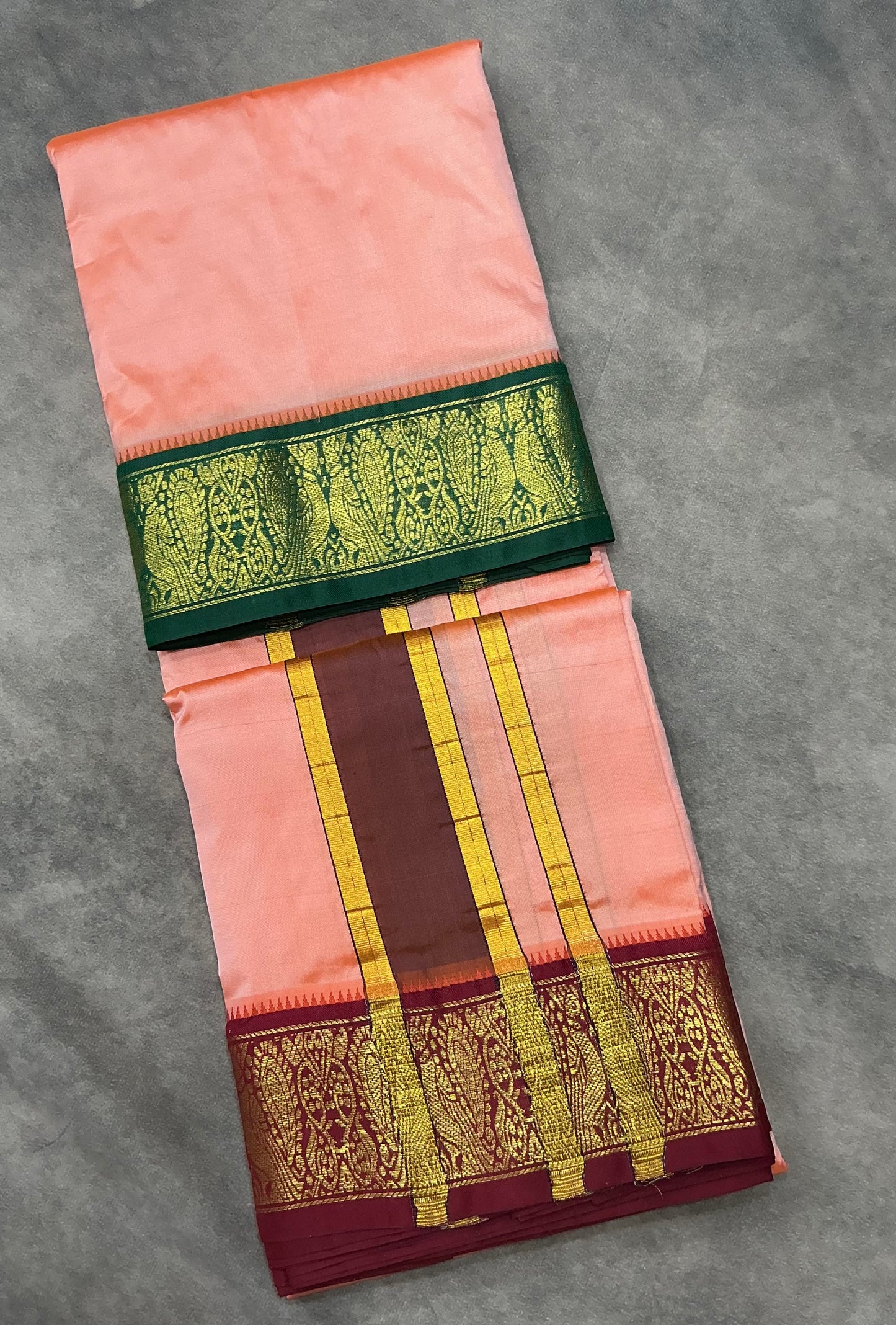 9X5 Pure Silk Dhoti Peach Colour with Green and Maroon Ganga Jamuna Border