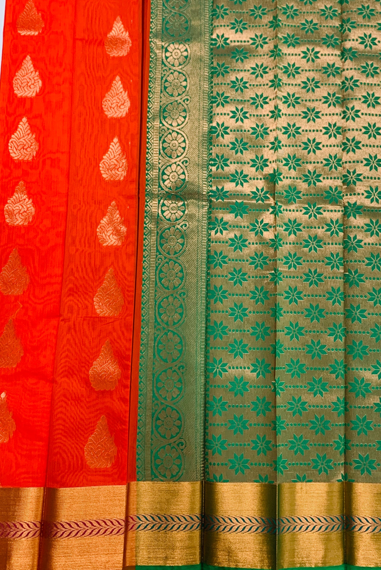 Orange Shade Silk Cotton Saree with Copper Zari Border