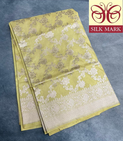 Pure Banaras Silk Saree Light Yellow Colour with Beautifully Crafted Floral Banarasi border