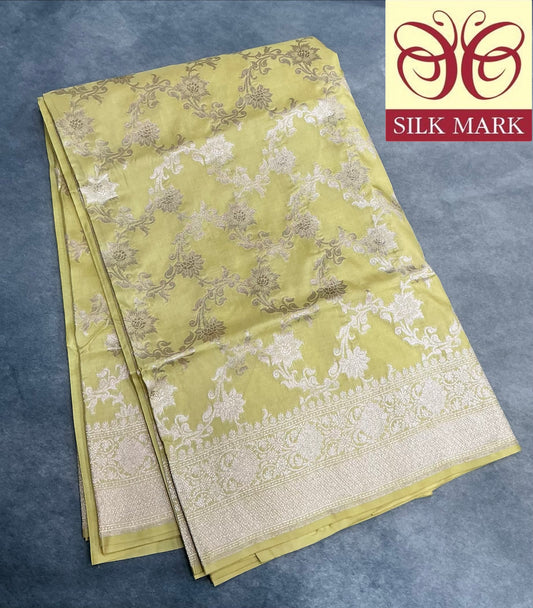 Pure Banaras Silk Saree Light Yellow Colour with Self Colour Banarasi border