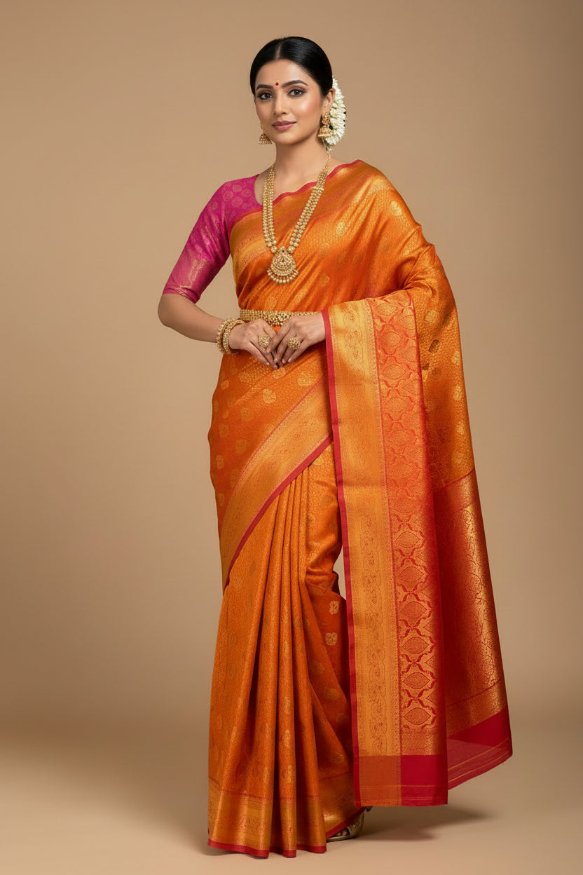 Vegan Silk Saree Golden Yellow Colour with Pink and Copper Border